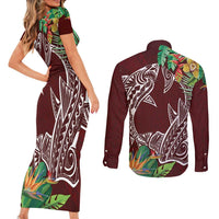 Polynesia Couples Matching Short Sleeve Bodycon Dress and Long Sleeve Button Shirt Sharks Duo Tropical Oxblood