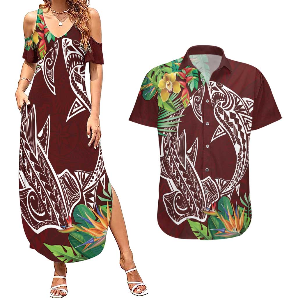 Polynesia Couples Matching Summer Maxi Dress and Hawaiian Shirt Sharks Duo Tropical Oxblood
