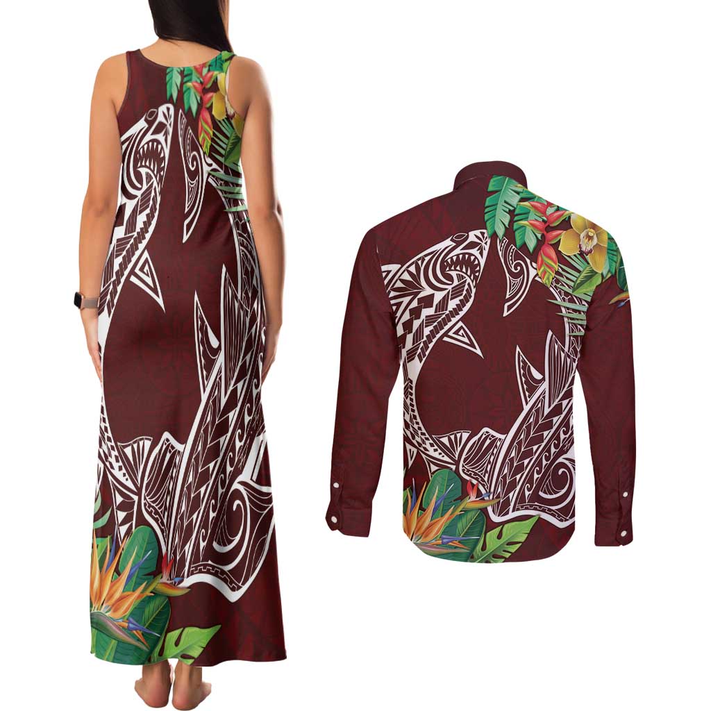 Polynesia Couples Matching Tank Maxi Dress and Long Sleeve Button Shirt Sharks Duo Tropical Oxblood