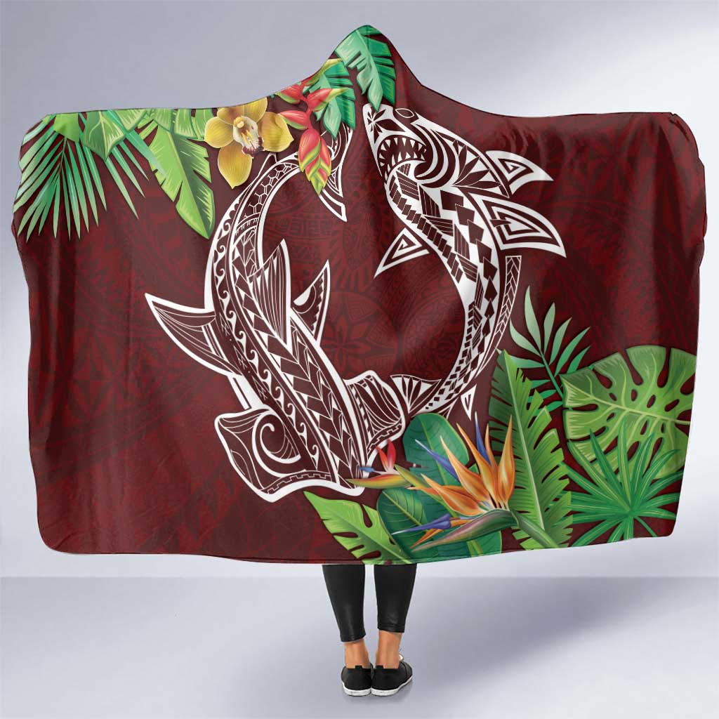 Polynesia Hooded Blanket Sharks Duo Tropical Oxblood