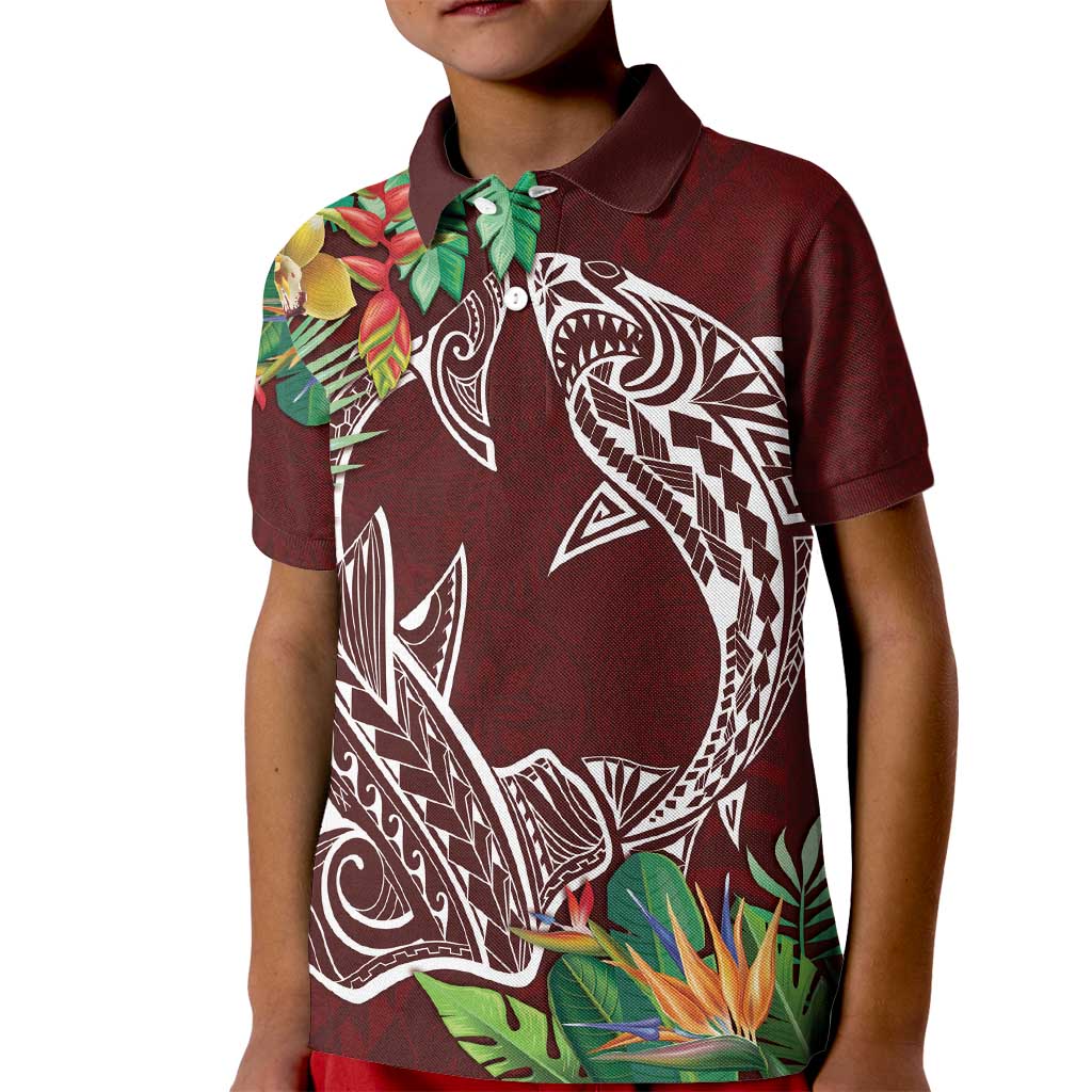 Polynesia Kid Polo Shirt Sharks Duo Tropical Oxblood LT7 Kid Oxblood - Polynesian Pride