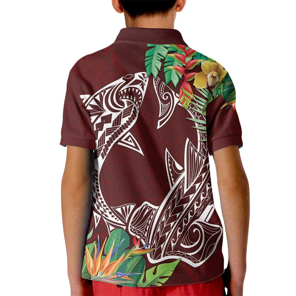Polynesia Kid Polo Shirt Sharks Duo Tropical Oxblood LT7 - Polynesian Pride