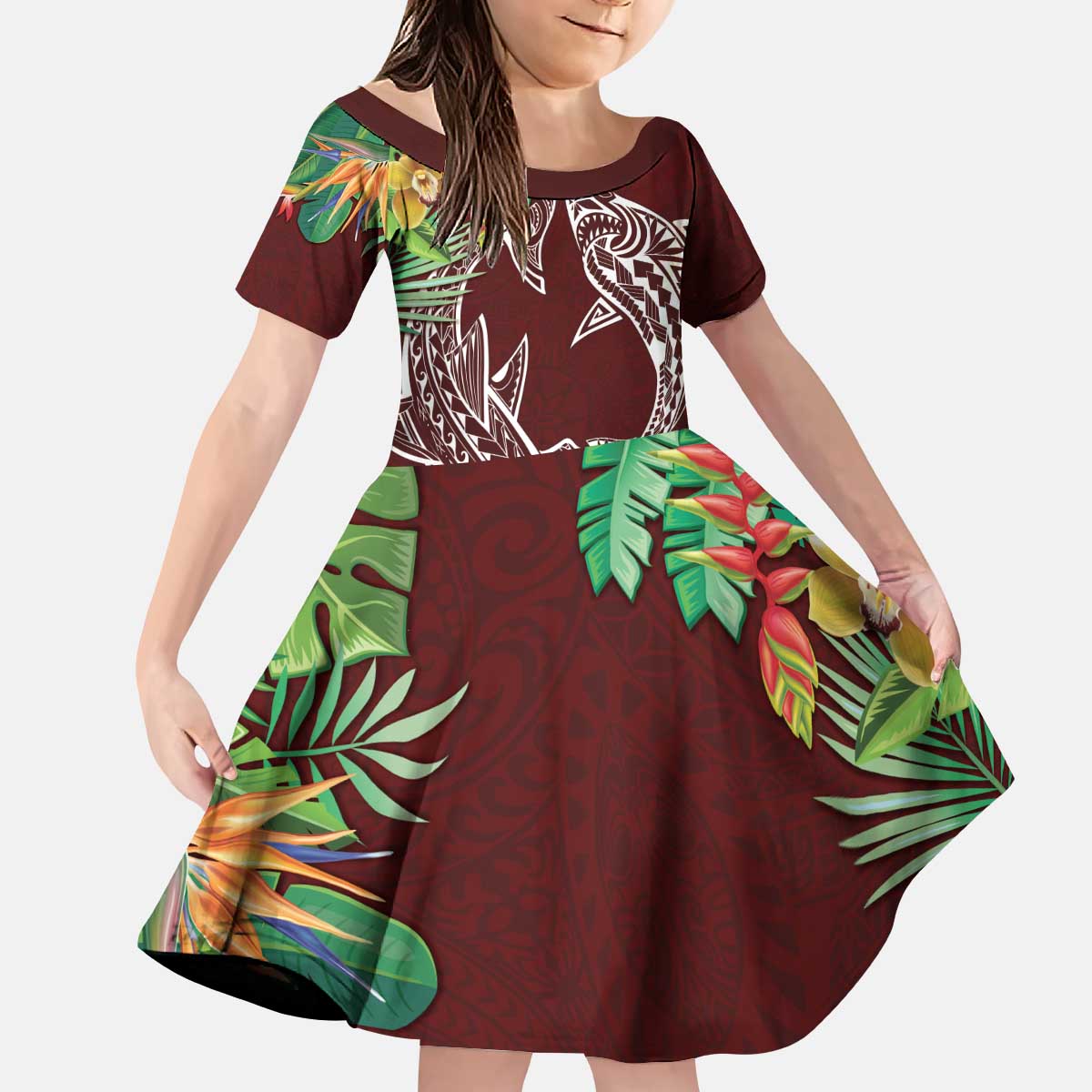 Polynesia Kid Short Sleeve Dress Sharks Duo Tropical Oxblood LT7 KID Oxblood - Polynesian Pride