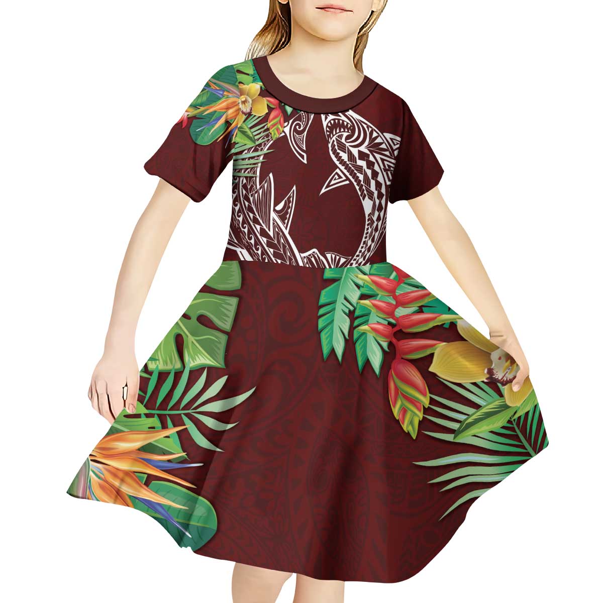 Polynesia Kid Short Sleeve Dress Sharks Duo Tropical Oxblood LT7 - Polynesian Pride