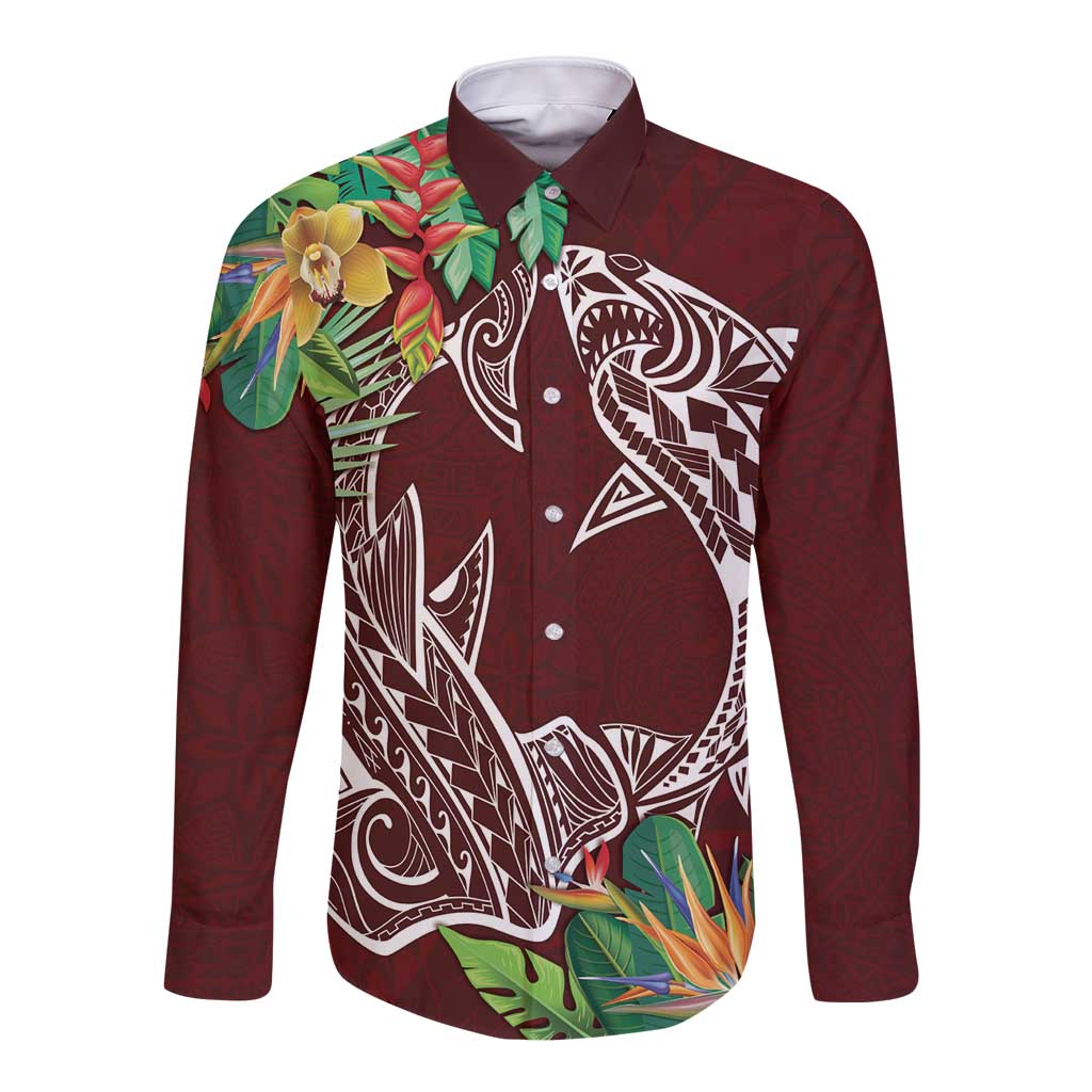 Polynesia Long Sleeve Button Shirt Sharks Duo Tropical Oxblood