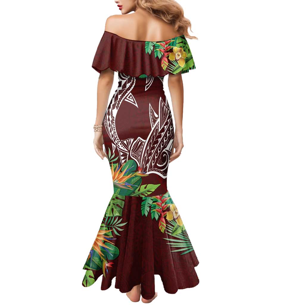 Polynesia Mermaid Dress Sharks Duo Tropical Oxblood LT7 - Polynesian Pride