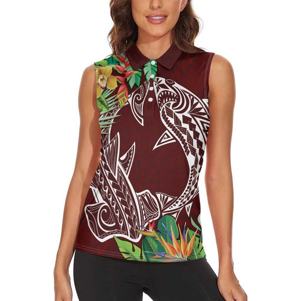 Polynesia Women Sleeveless Polo Shirt Sharks Duo Tropical Oxblood LT7 - Polynesian Pride