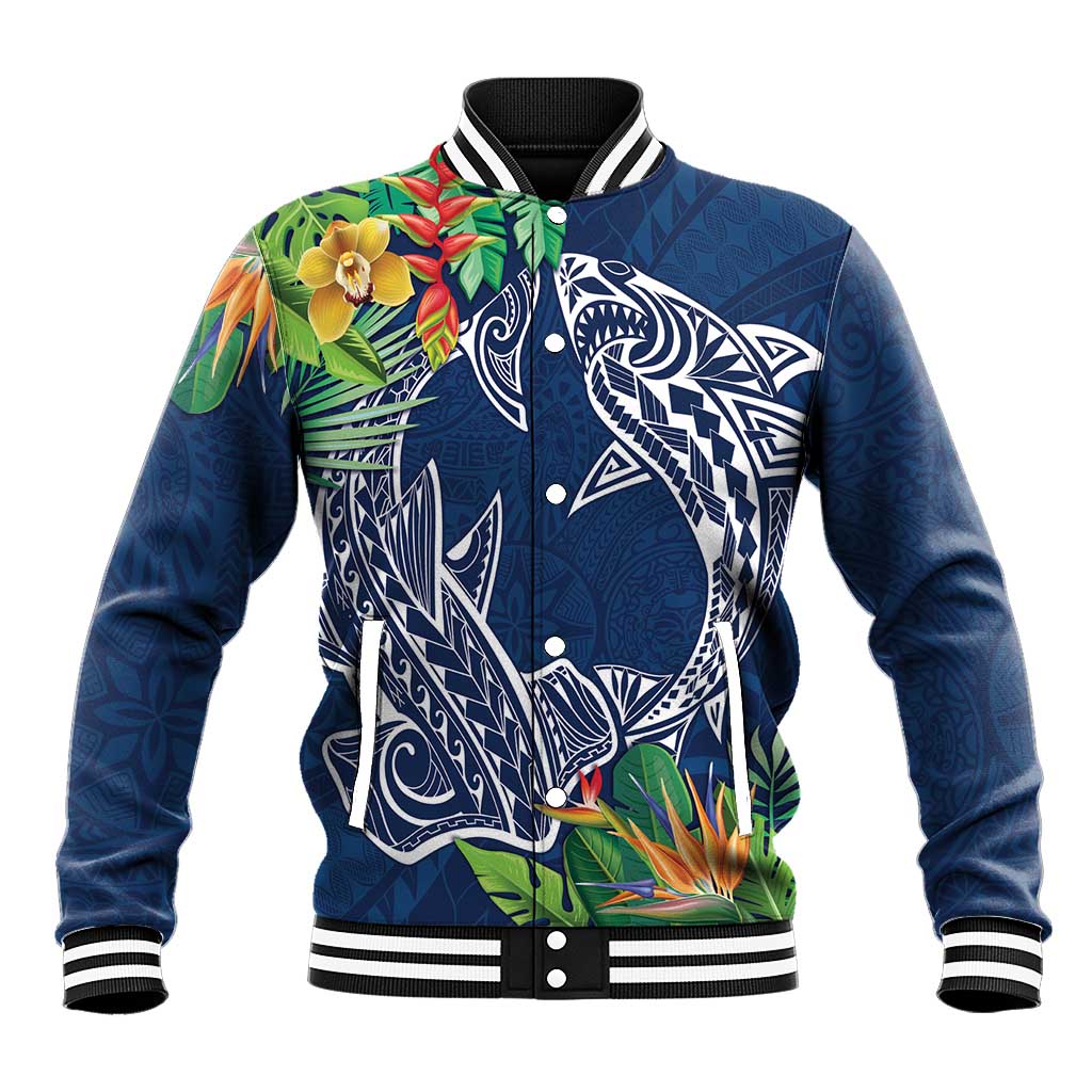 Polynesia Baseball Jacket Sharks Duo Tropical Navy LT7 Unisex Navy - Polynesian Pride