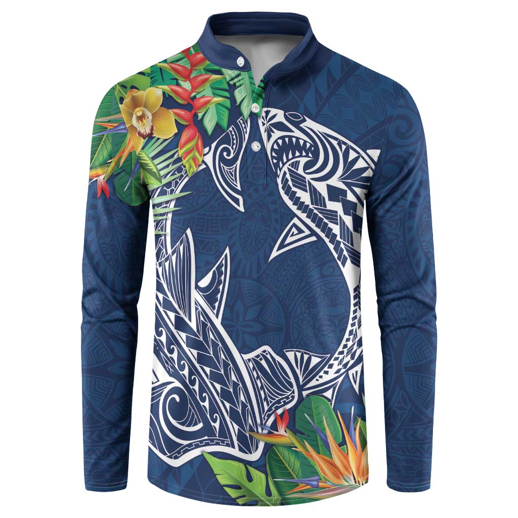 Polynesia Button Sweatshirt Sharks Duo Tropical Navy LT7 Navy - Polynesian Pride