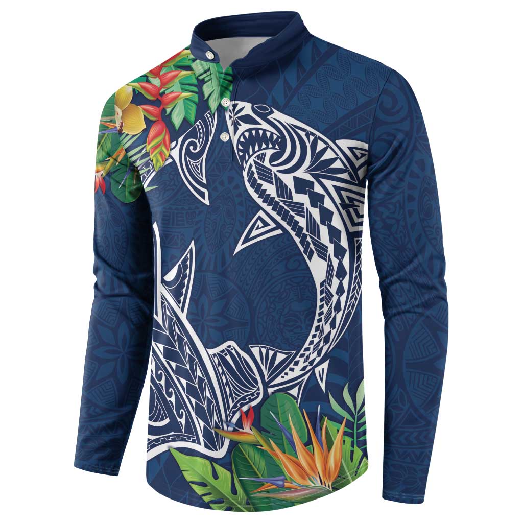 Polynesia Button Sweatshirt Sharks Duo Tropical Navy LT7 - Polynesian Pride
