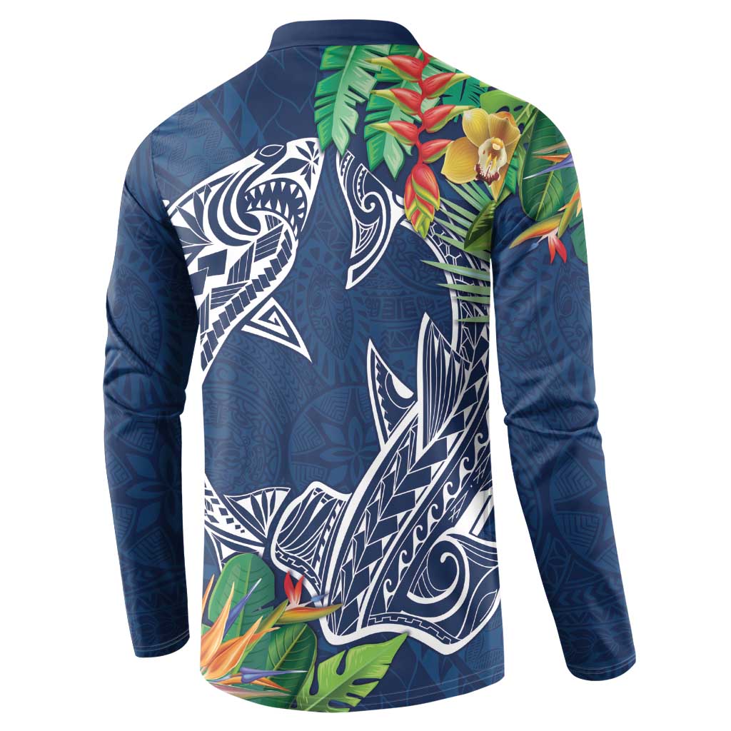 Polynesia Button Sweatshirt Sharks Duo Tropical Navy LT7 - Polynesian Pride