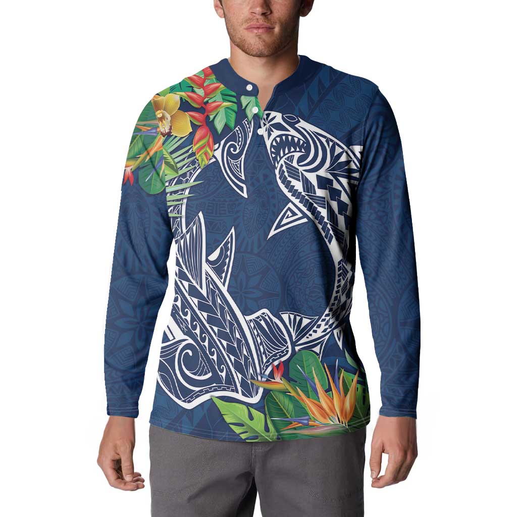 Polynesia Button Sweatshirt Sharks Duo Tropical Navy LT7 - Polynesian Pride