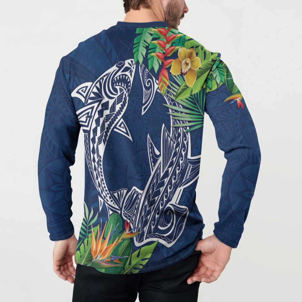 Polynesia Button Sweatshirt Sharks Duo Tropical Navy LT7 - Polynesian Pride