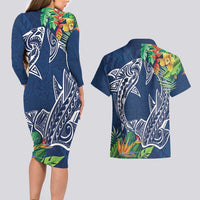 Polynesia Couples Matching Long Sleeve Bodycon Dress and Hawaiian Shirt Sharks Duo Tropical Navy