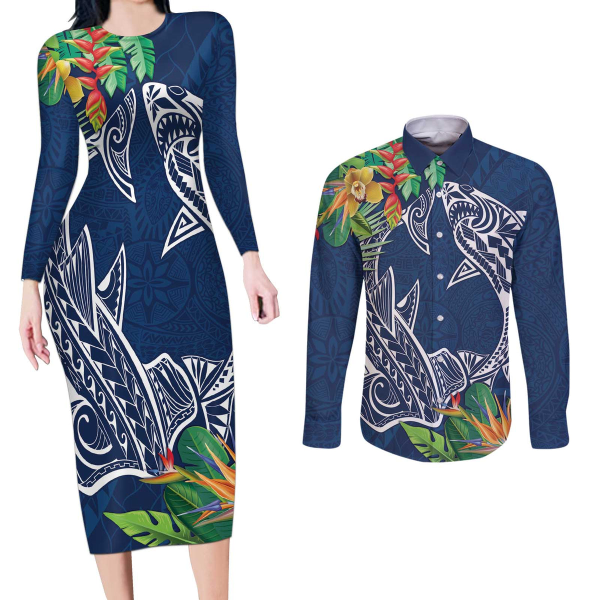 Polynesia Couples Matching Long Sleeve Bodycon Dress and Long Sleeve Button Shirt Sharks Duo Tropical Navy