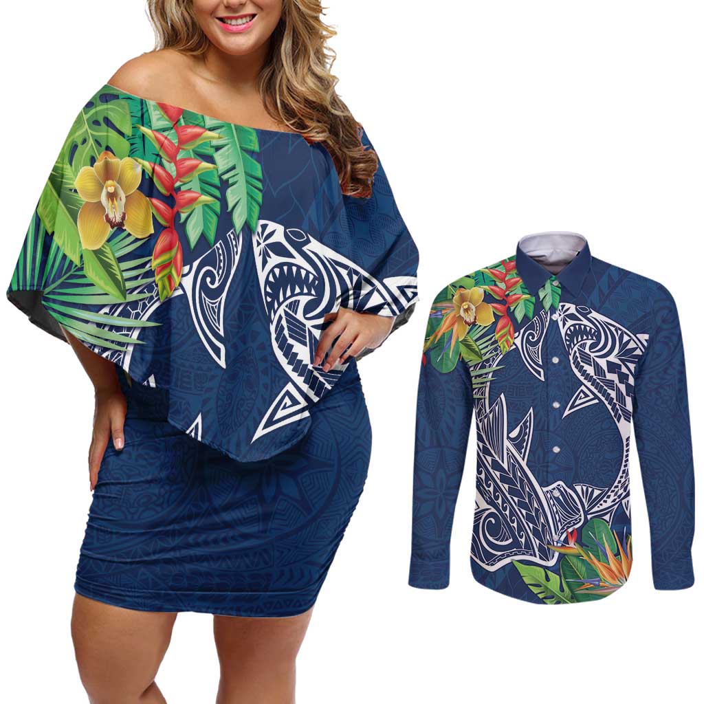 Polynesia Couples Matching Off Shoulder Short Dress and Long Sleeve Button Shirt Sharks Duo Tropical Navy
