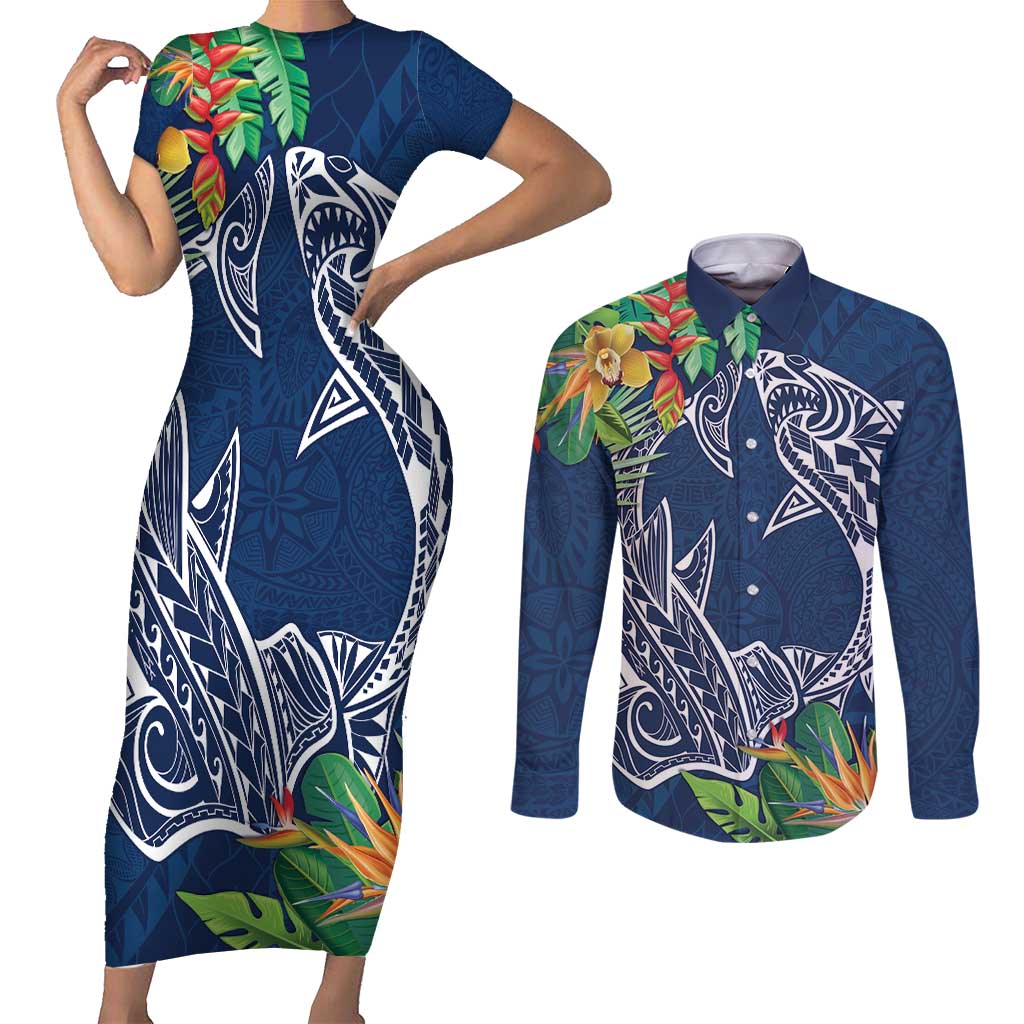 Polynesia Couples Matching Short Sleeve Bodycon Dress and Long Sleeve Button Shirt Sharks Duo Tropical Navy