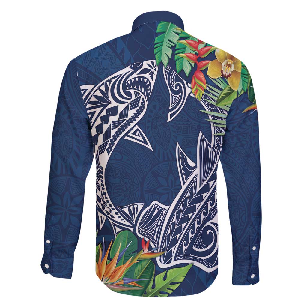 Polynesia Family Matching Long Sleeve Bodycon Dress and Hawaiian Shirt Sharks Duo Tropical Navy