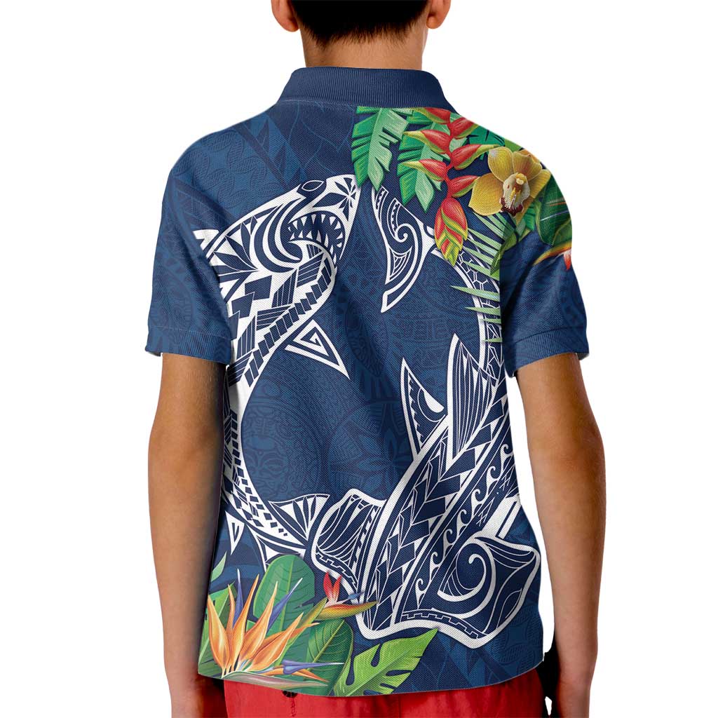 Polynesia Kid Polo Shirt Sharks Duo Tropical Navy LT7 - Polynesian Pride