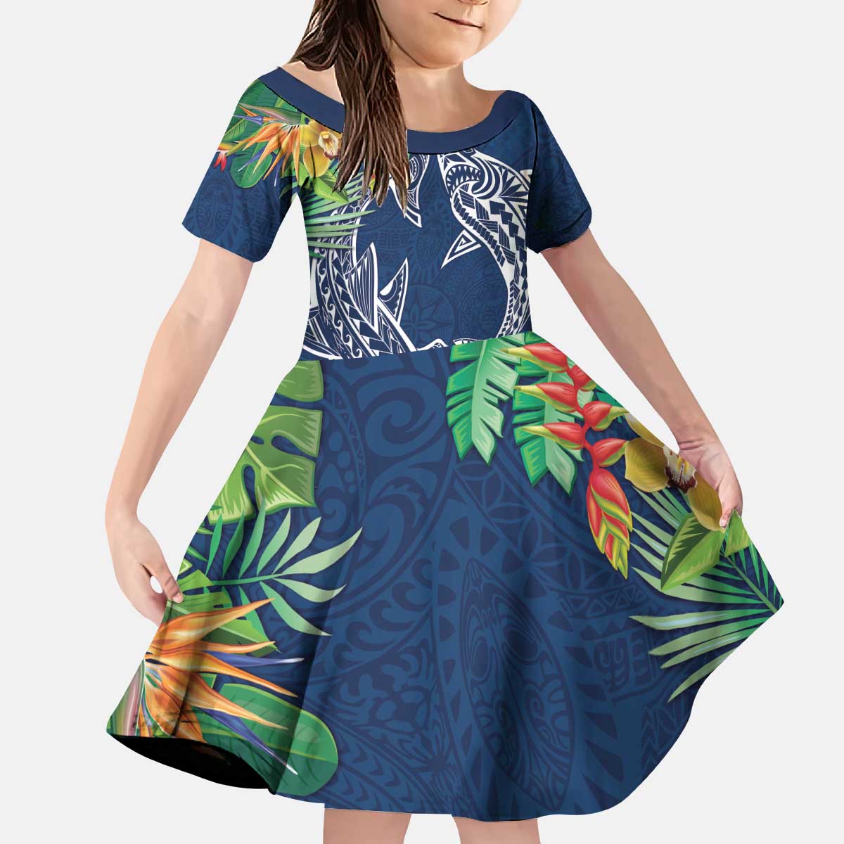 Polynesia Kid Short Sleeve Dress Sharks Duo Tropical Navy LT7 KID Navy - Polynesian Pride