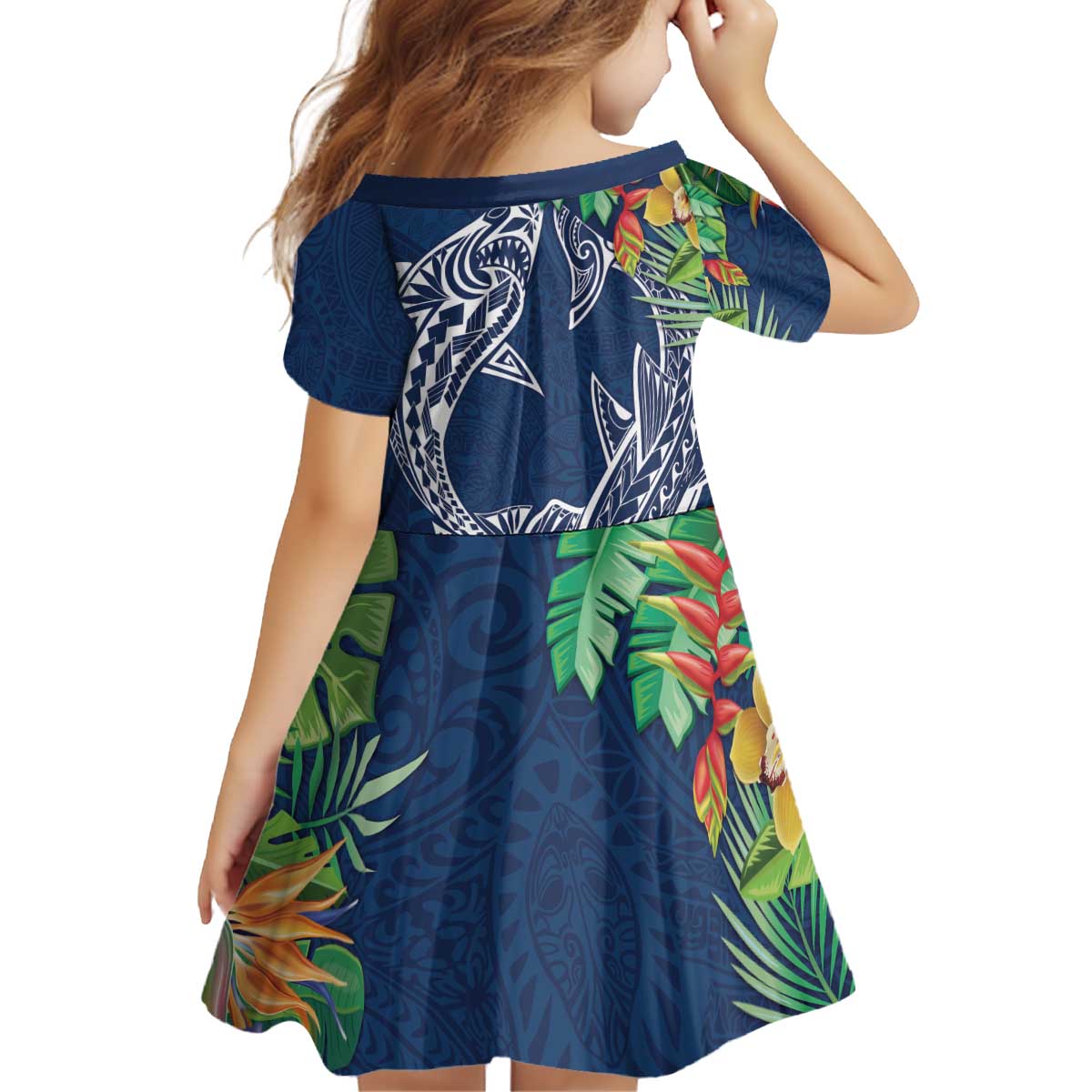Polynesia Kid Short Sleeve Dress Sharks Duo Tropical Navy LT7 - Polynesian Pride
