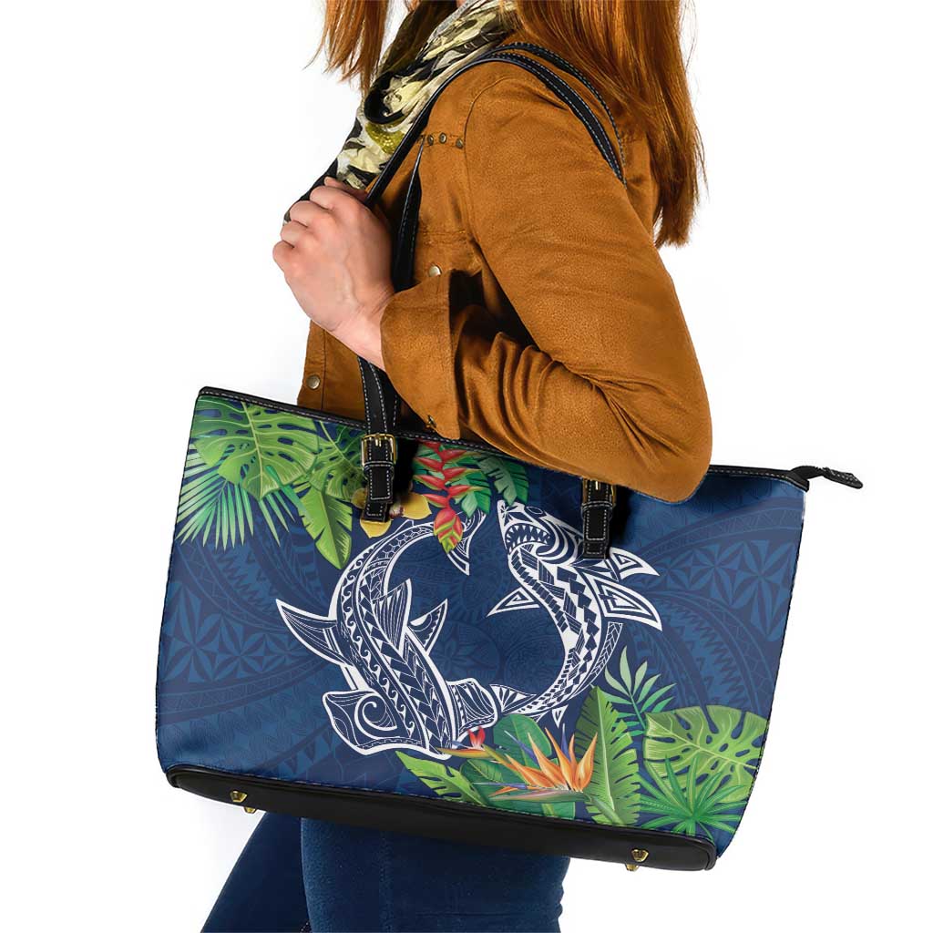 Polynesia Leather Tote Bag Sharks Duo Tropical Navy LT7 Navy - Polynesian Pride