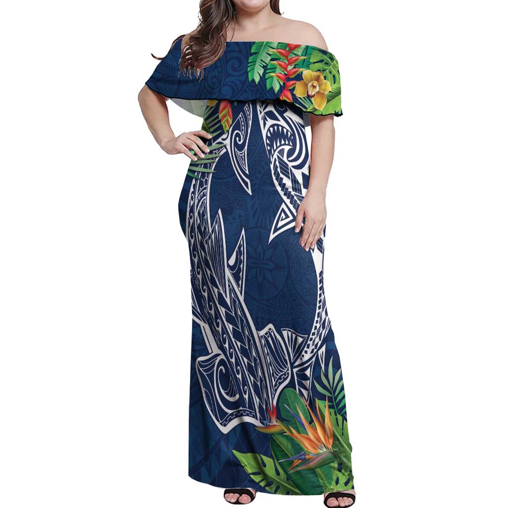 Polynesia Off Shoulder Maxi Dress Sharks Duo Tropical Navy LT7 Women Navy - Polynesian Pride
