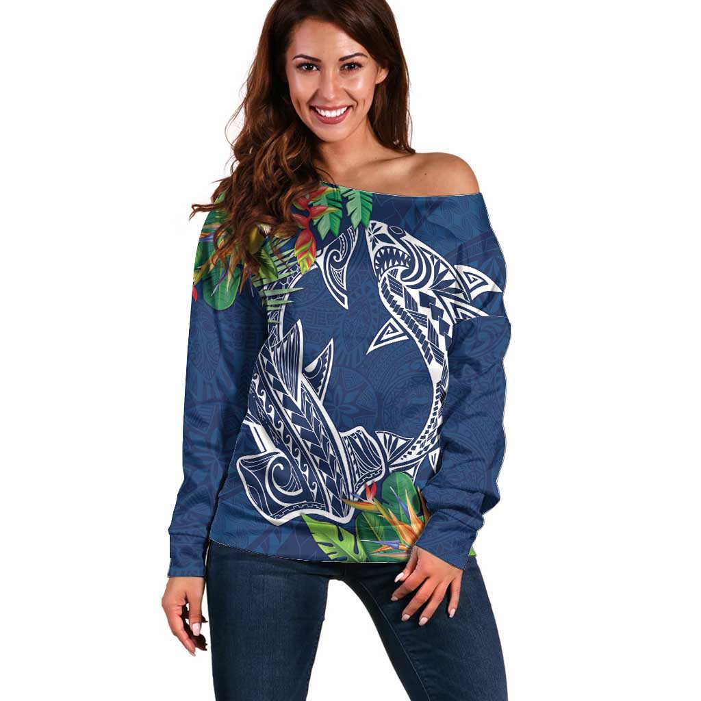 Polynesia Off Shoulder Sweater Sharks Duo Tropical Navy