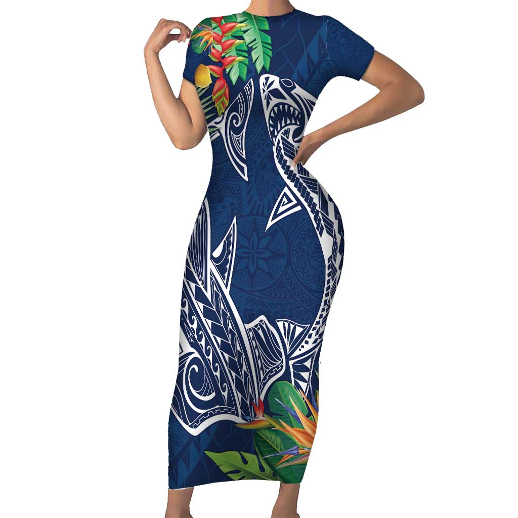 Polynesia Short Sleeve Bodycon Dress Sharks Duo Tropical Navy LT7 Long Dress Navy - Polynesian Pride