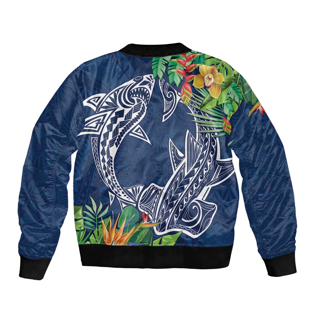 Polynesia Sleeve Zip Bomber Jacket Sharks Duo Tropical Navy