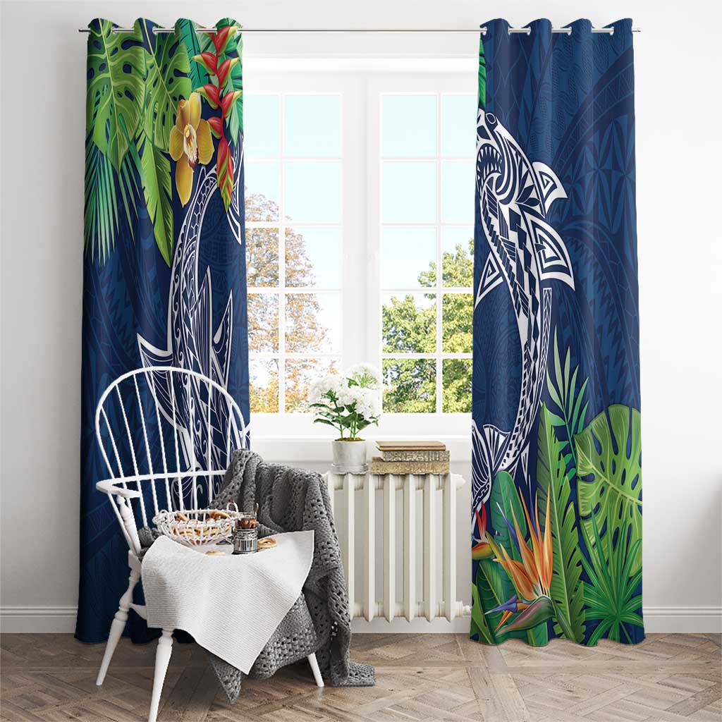 Polynesia Window Curtain Sharks Duo Tropical Navy