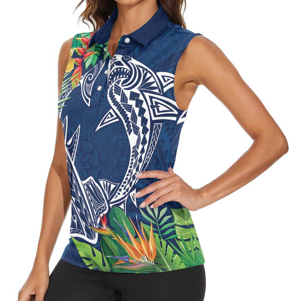 Polynesia Women Sleeveless Polo Shirt Sharks Duo Tropical Navy LT7 - Polynesian Pride