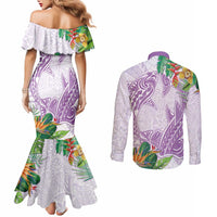 Polynesia Couples Matching Mermaid Dress and Long Sleeve Button Shirt Sharks Duo Tropical Lavender