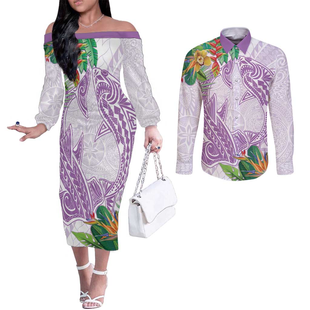 Polynesia Couples Matching Off The Shoulder Long Sleeve Dress and Long Sleeve Button Shirt Sharks Duo Tropical Lavender