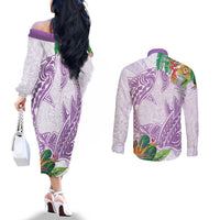 Polynesia Couples Matching Off The Shoulder Long Sleeve Dress and Long Sleeve Button Shirt Sharks Duo Tropical Lavender