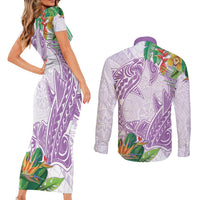 Polynesia Couples Matching Short Sleeve Bodycon Dress and Long Sleeve Button Shirt Sharks Duo Tropical Lavender