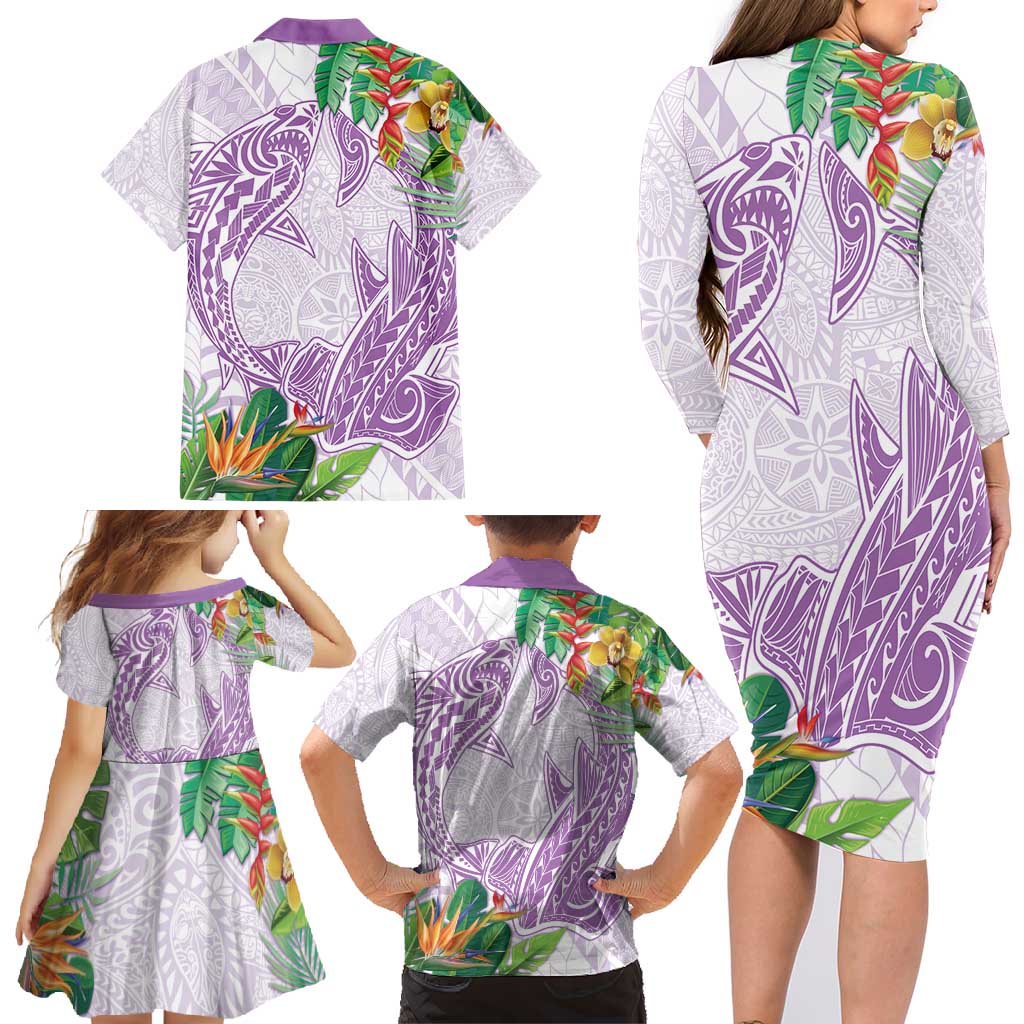 Polynesia Family Matching Long Sleeve Bodycon Dress and Hawaiian Shirt Sharks Duo Tropical Lavender