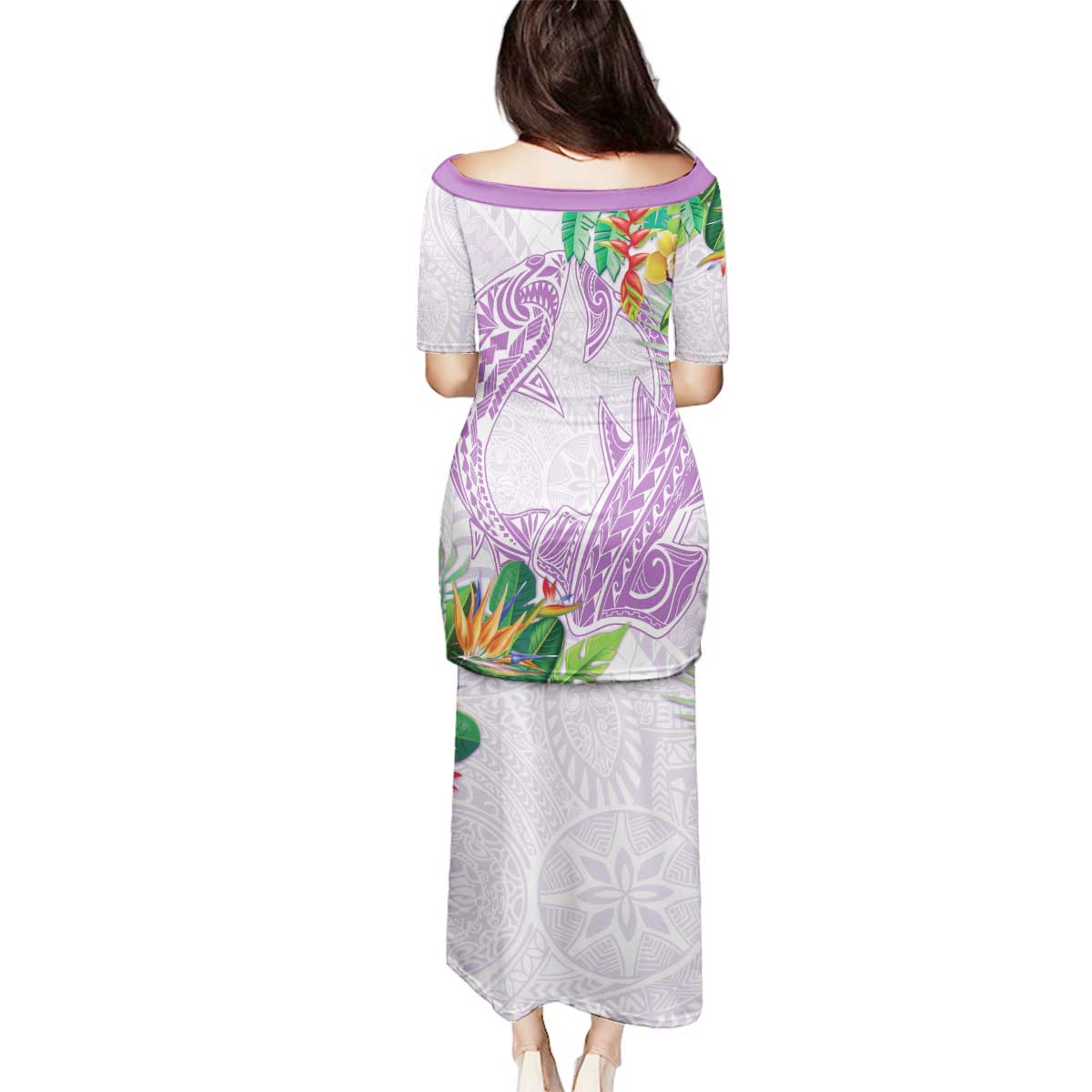 Polynesia Family Matching Puletasi and Hawaiian Shirt Sharks Duo Tropical Lavender