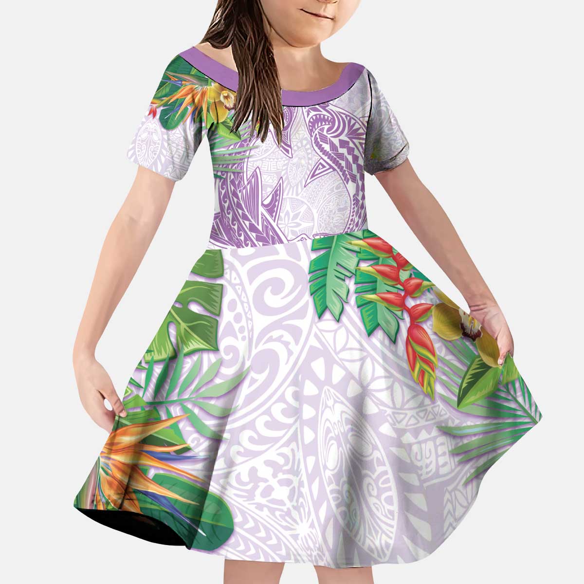 Polynesia Kid Short Sleeve Dress Sharks Duo Tropical Lavender LT7 KID Lavender - Polynesian Pride