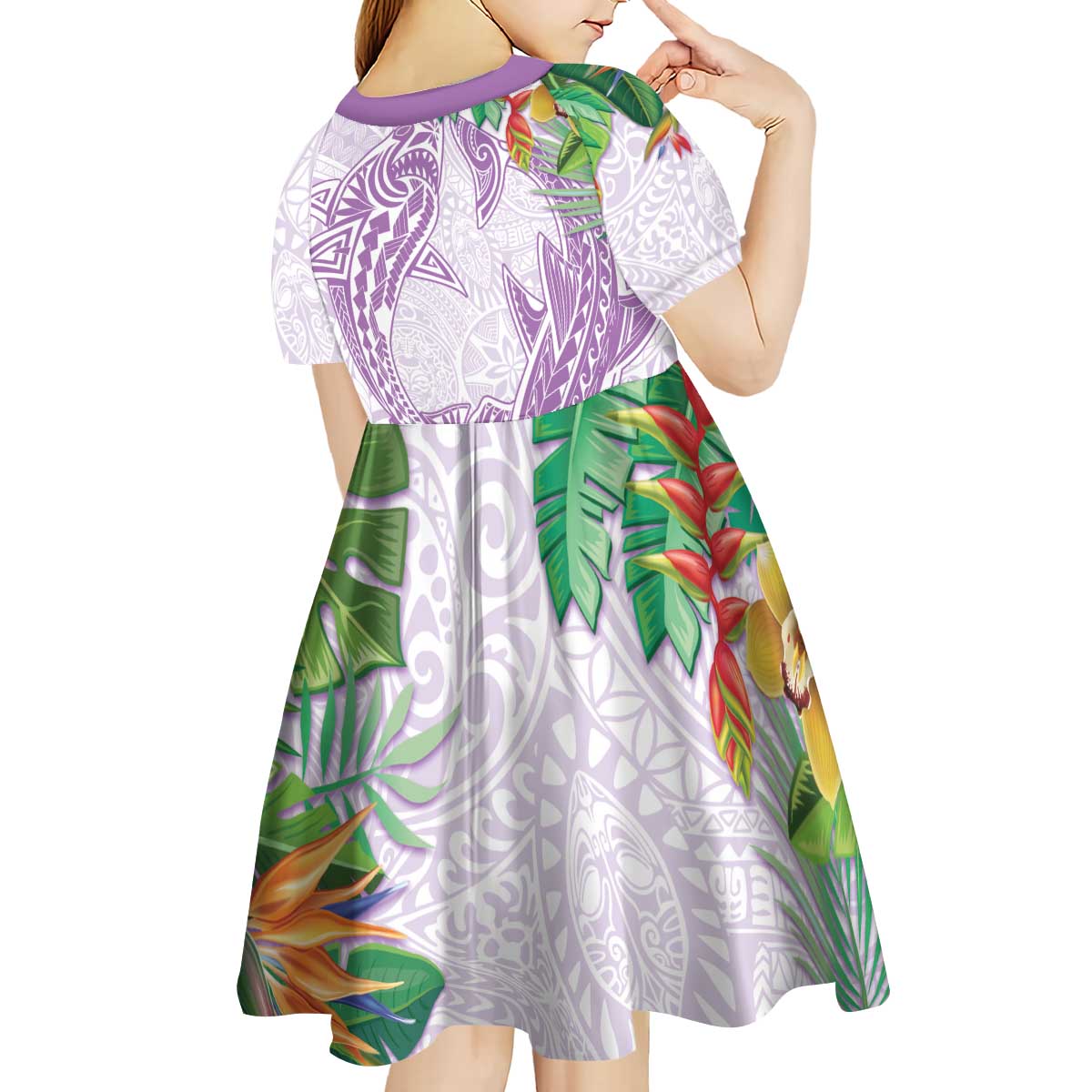 Polynesia Kid Short Sleeve Dress Sharks Duo Tropical Lavender LT7 - Polynesian Pride