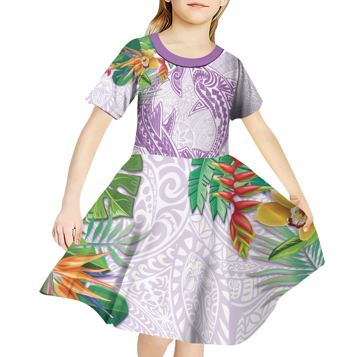 Polynesia Kid Short Sleeve Dress Sharks Duo Tropical Lavender LT7 - Polynesian Pride