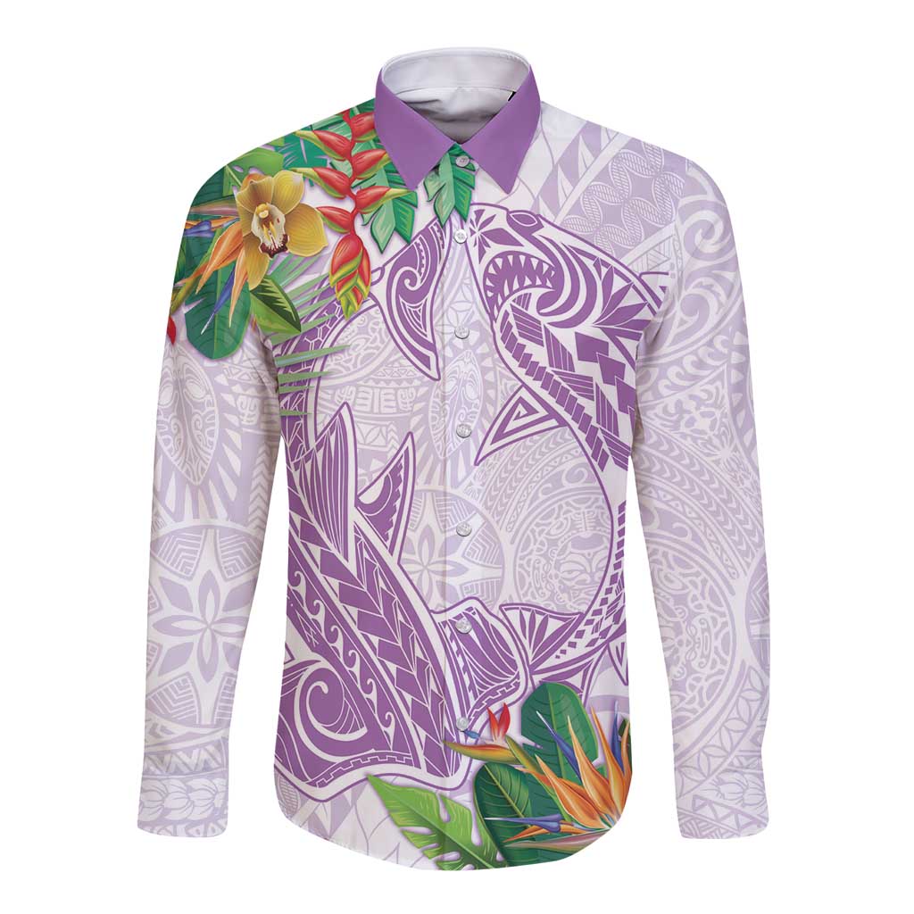 Polynesia Long Sleeve Button Shirt Sharks Duo Tropical Lavender