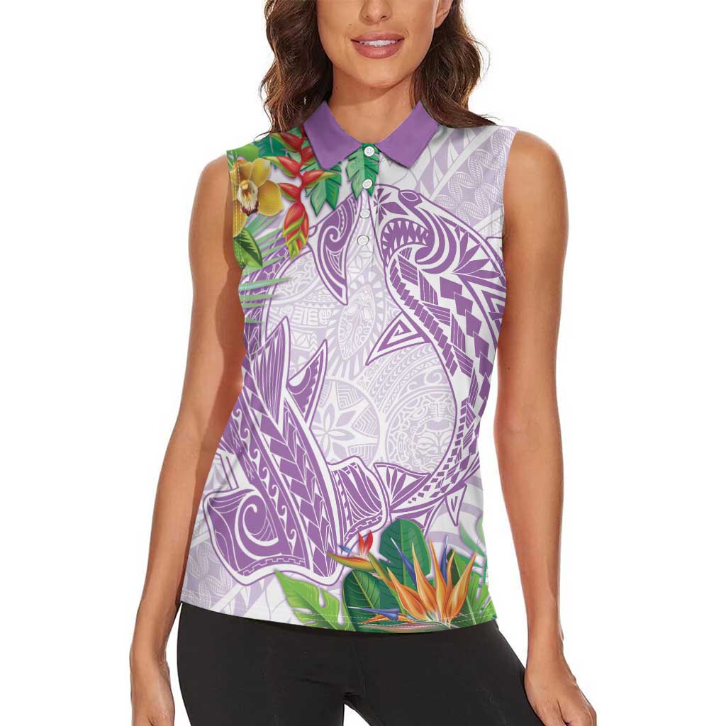 Polynesia Women Sleeveless Polo Shirt Sharks Duo Tropical Lavender LT7 - Polynesian Pride