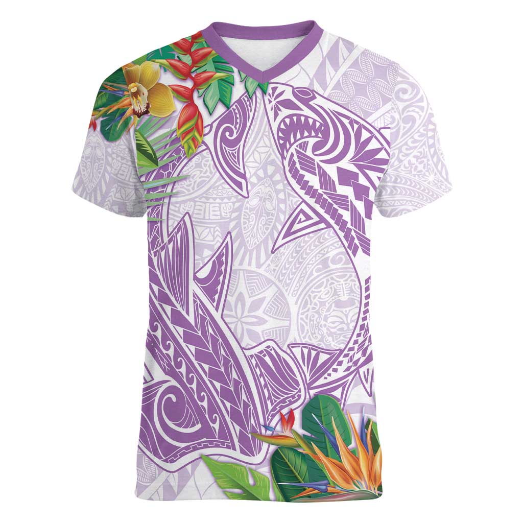 Polynesia Women V-Neck T-Shirt Sharks Duo Tropical Lavender LT7 Female Lavender - Polynesian Pride