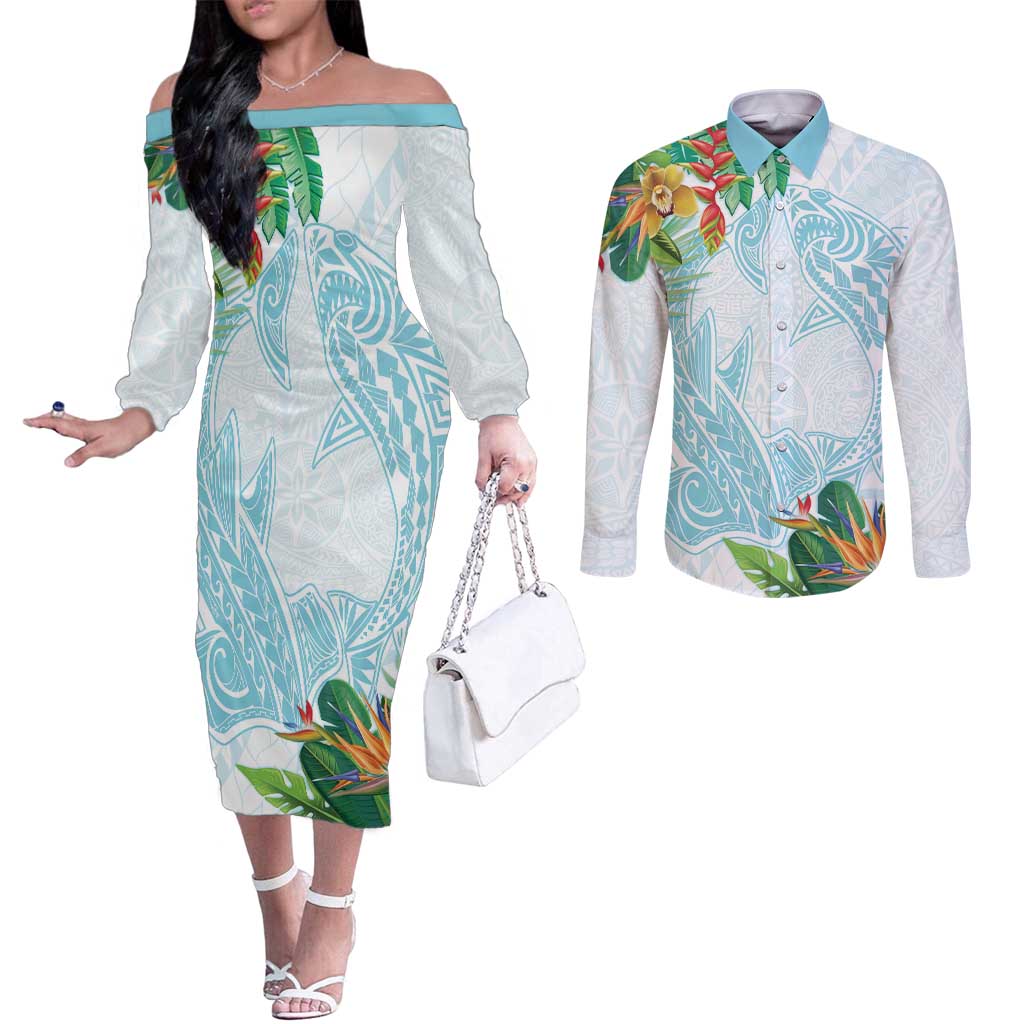 Polynesia Couples Matching Off The Shoulder Long Sleeve Dress and Long Sleeve Button Shirt Sharks Duo Tropical Turquoise