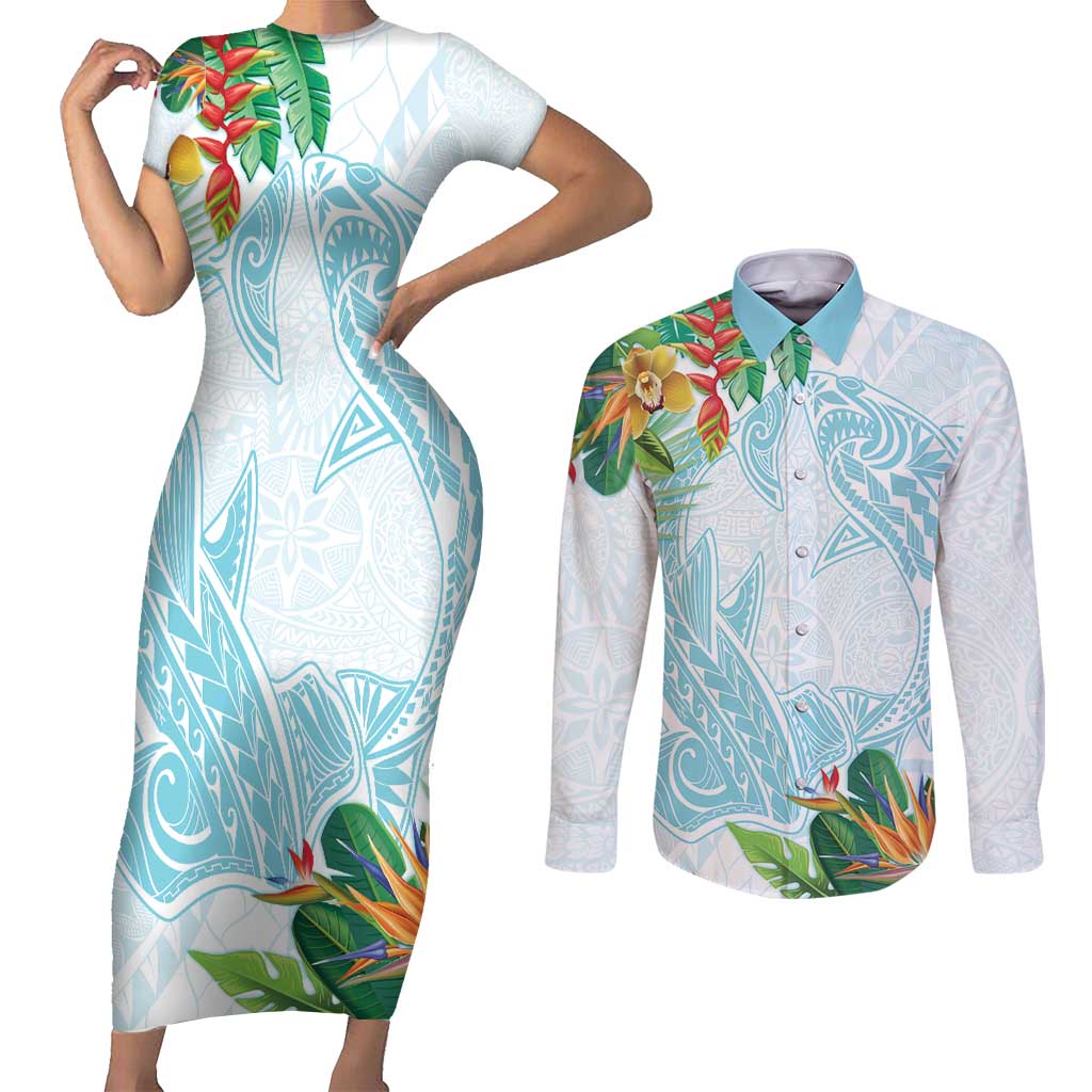 Polynesia Couples Matching Short Sleeve Bodycon Dress and Long Sleeve Button Shirt Sharks Duo Tropical Turquoise