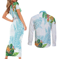 Polynesia Couples Matching Short Sleeve Bodycon Dress and Long Sleeve Button Shirt Sharks Duo Tropical Turquoise