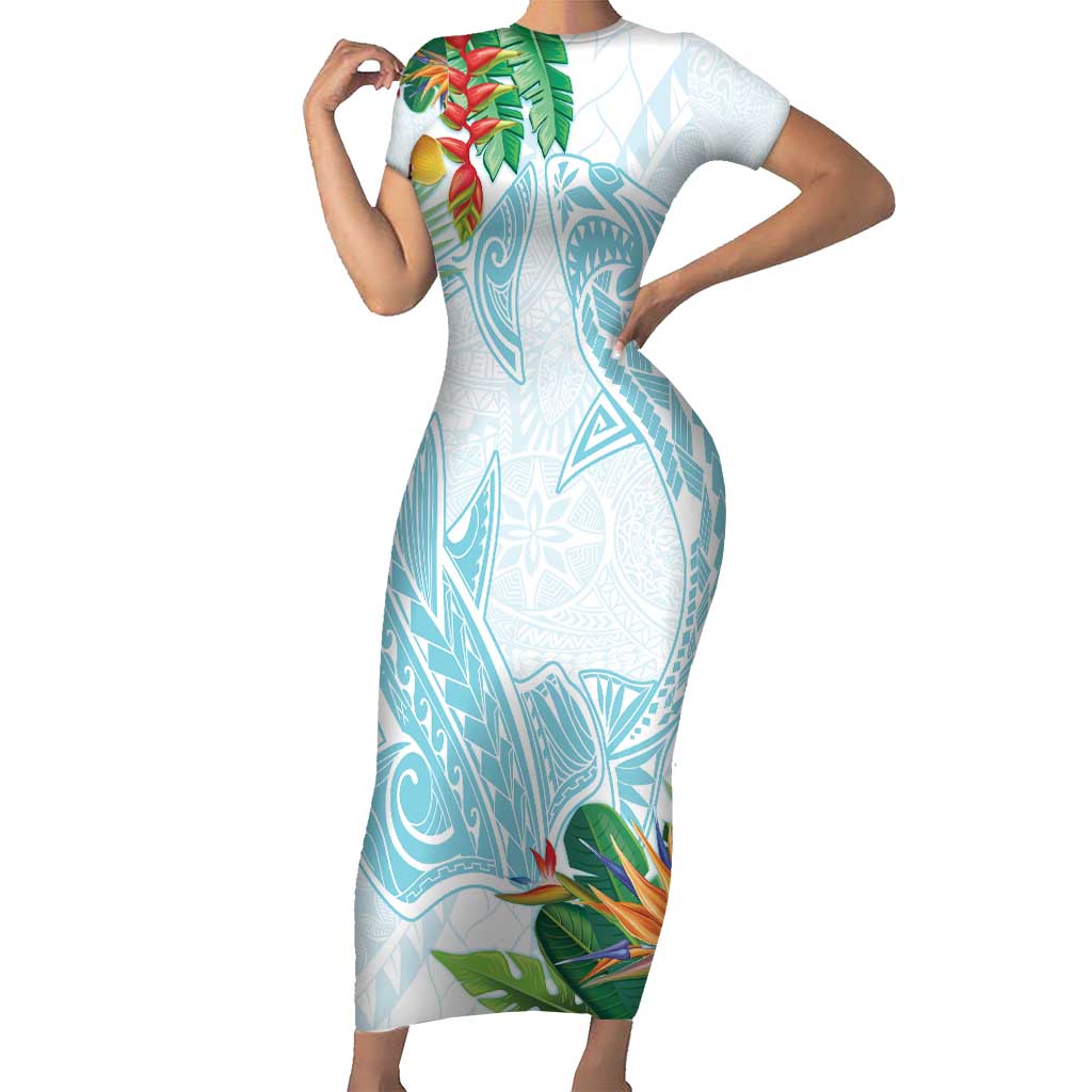 Polynesia Family Matching Short Sleeve Bodycon Dress and Hawaiian Shirt Sharks Duo Tropical Turquoise