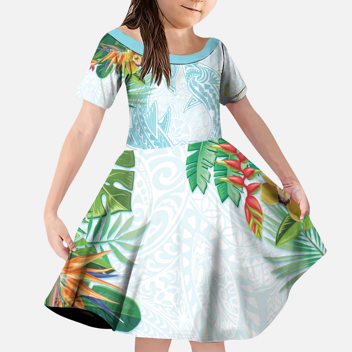 Polynesia Kid Short Sleeve Dress Sharks Duo Tropical Turquoise LT7 KID Turquoise - Polynesian Pride