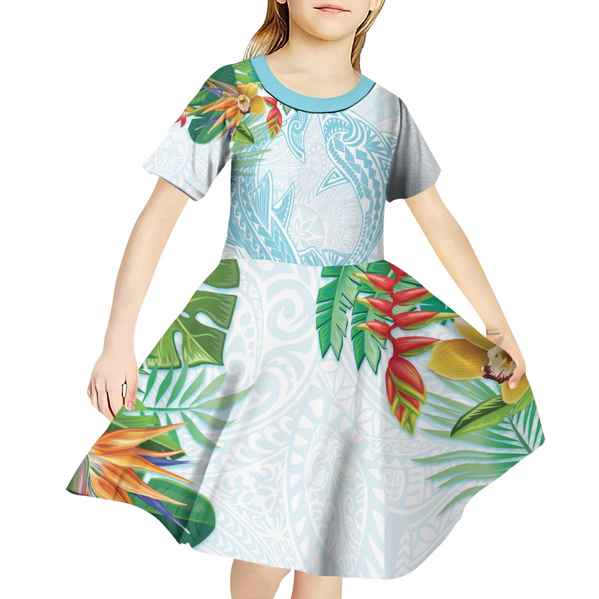 Polynesia Kid Short Sleeve Dress Sharks Duo Tropical Turquoise LT7 - Polynesian Pride